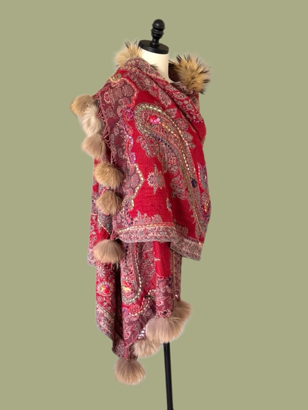 Boho paisley wool fur trimmed shawl wrap Himalayan Yak - Picture 8 of 13